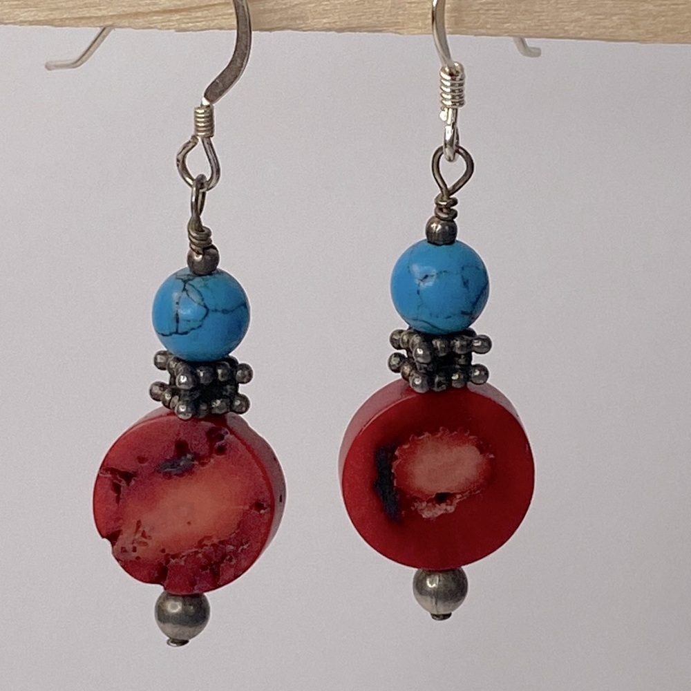 Turquoise red Coral sterling silver dangle earrings